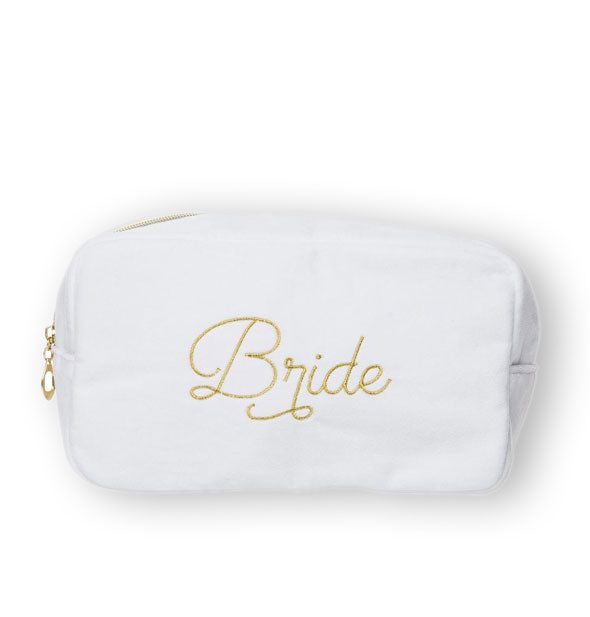 White cosmetic bag says, "Bride" in embroidered gold script