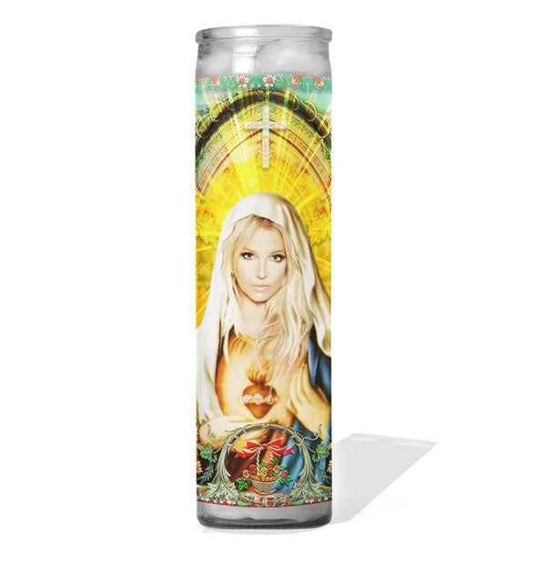 Glass cathedral style prayer candle featuring image of Britney Spears portrayed as a saint