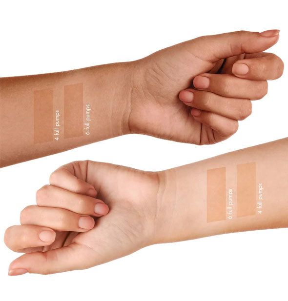 Results of 4 and 6 full pumps of Bronze Fox Tanning Drops are shown on models' arms of two different skin tones