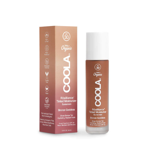 Bottle and box of COOLA Organic Rosilliance Tinted Moisturizer Sunscreen in Bronze Goddess
