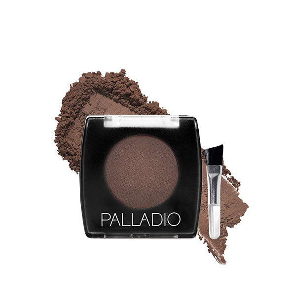 Palladio compact shown with small angled applicator brush and dark brown powder sample
