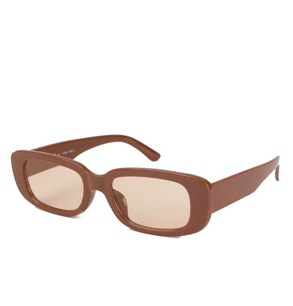 Pair of brown rectangular sunglasses with light beige lens