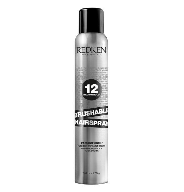 Silver 9.8 ounce can of Redken Brushable Hairspray with black cap and design accents