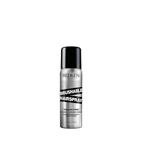 Silver 2.1 ounce can of Redken Brushable Hairspray with black cap and design accents