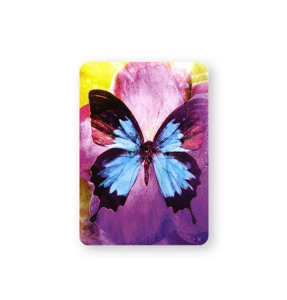 Card with vibrant illustration of blue butterfly on purple and yellow background