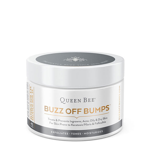A jar of Buzz Off Bumps - Exfoliates, Tones, Moisturizes from Queen Bee