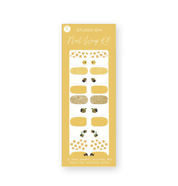 Nail Wrap Kit by Studio Oh! features bumblebee-themed designs in white, gold, and yellow