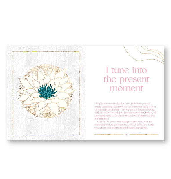 Page spread from Calm: 100 Affirmations for Serenity features a sectioned titled, "I tune into the present moment" alongside a flower illustration