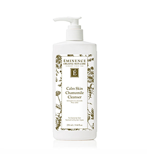 White 8.4 ounce bottle of Eminence Organic Skin Care Calm Skin Chamomile Cleanser with green floral pattern