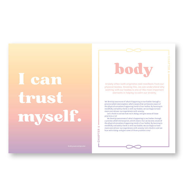 Page spread from Calm Your Anxiety Journal features a section on the body with the affirmation, "I can trust myself."