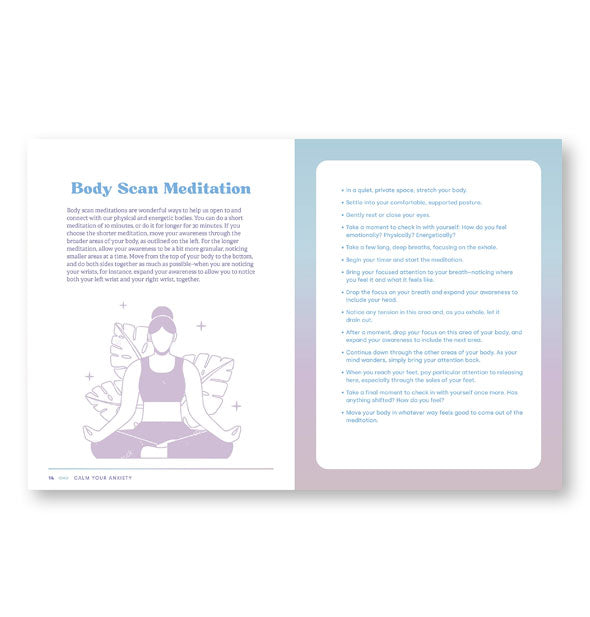 Page spread from Calm Your Anxiety Journal features a Body Scan Meditation section
