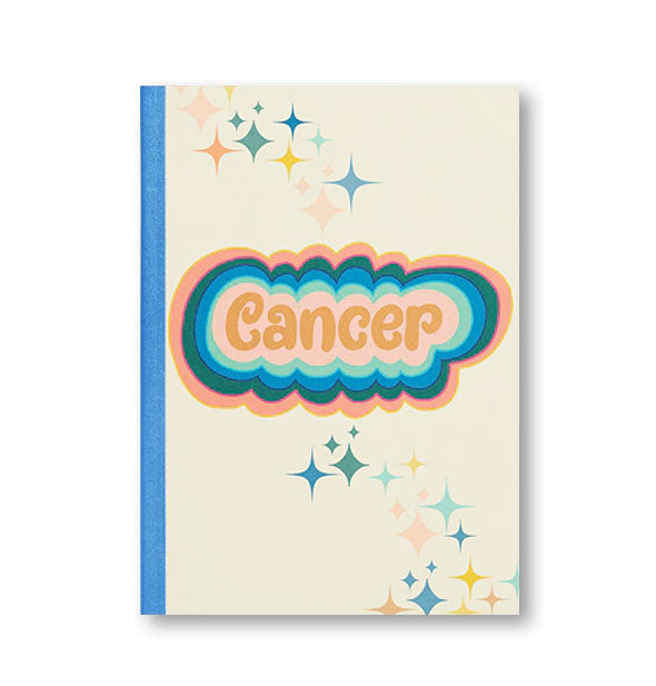 Notebook cover with blue binding, colorful stars, and colorful radiant lettering that reads, "Cancer"