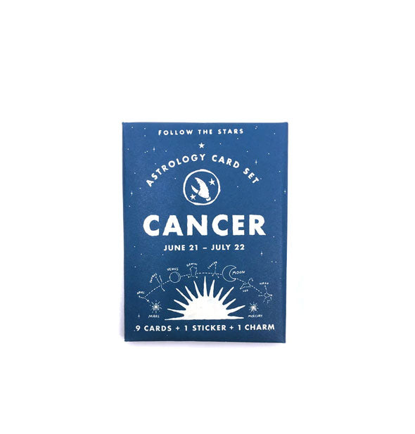 Blue and white pack of Follow the Stars Astrology Cards representing the zodiac sign Cancer