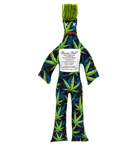 Blue and green marijuana leaf stuffed doll with string hair