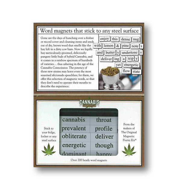 Inside of Magnetic Poetry Kit Cannabis Connoisseur edition shows some example word tiles