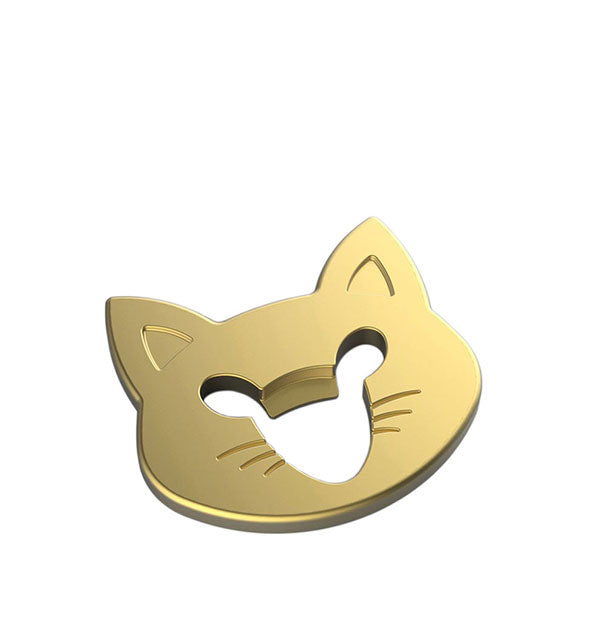 Gold bottle opener shaped like a cat's head with mouse head cutout