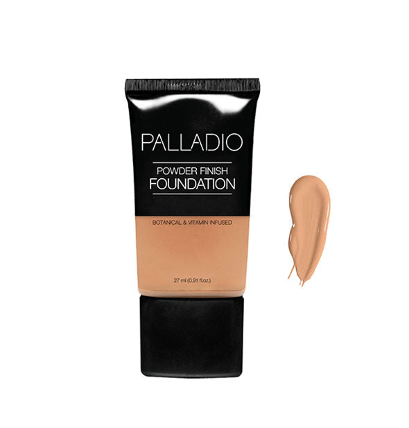 Tube of Palladio Powder Finish Foundation with sample to the right in the shade Caramel