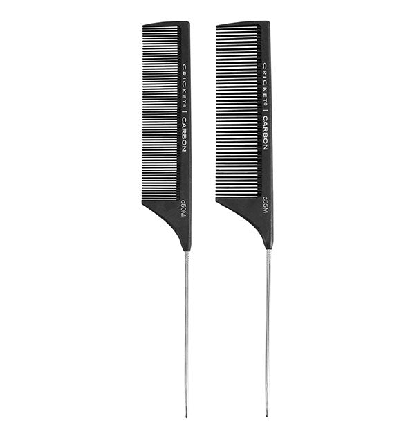 Two black Cricket Carbon Rattail Combs with silver picks