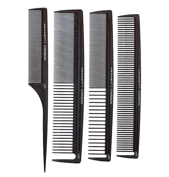Four black Cricket Carbon combs, each with a different tooth pattern