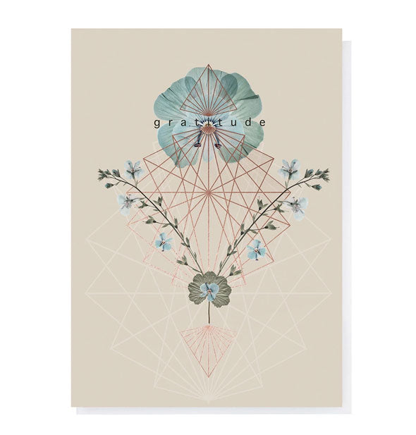 Greeting card with pressed flower design and copper foil geometric accents says, "Gratitude"