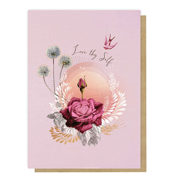 Love Thy Self greeting card with vibrant rose illustration on pink background