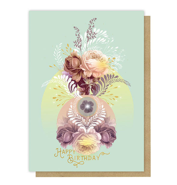 Happy Birthday greeting card with pastel florals, fern brushstrokes, and circular accents
