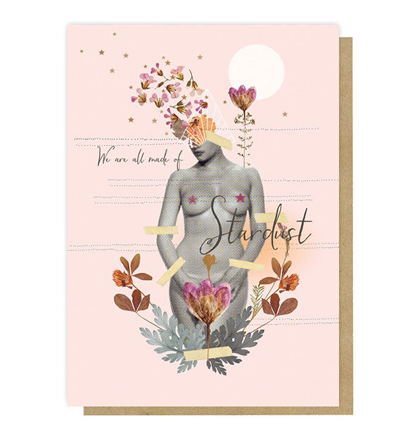 We Are All Made of Stardust greeting card with nude figure among colorful florals on a light pink background