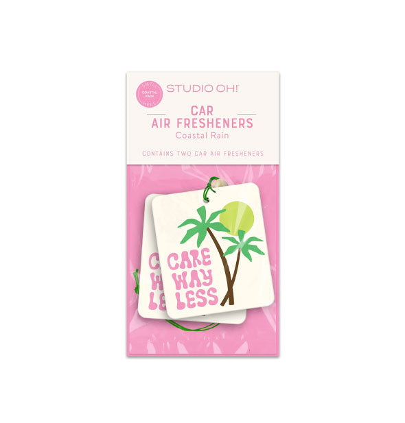 Pack of two square white Car Air Fresheners with palm trees and sun design say, "Care way less" in pink lettering