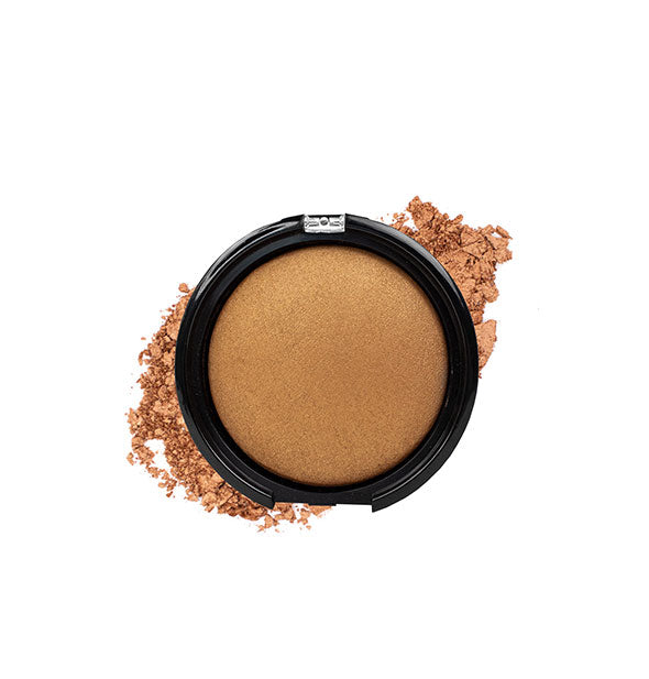 Bronzer compact with crushed product in a golden-brown shade