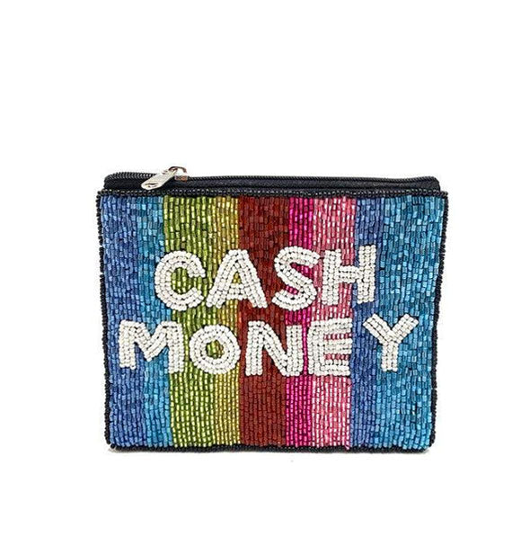 Rectangular zippered pouch featured colorful vertical striped beadwork with the words "Cash Money" overlaid in white beadwork