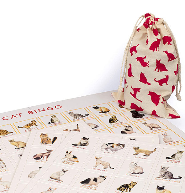 Contents of Cat Bingo includes playing cards and cat print red and white drawstring bag