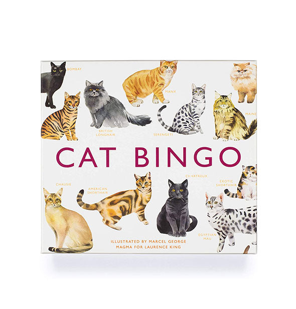 Cat Bingo game box features all-over illustrations of different cat breeds