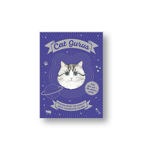 Purple pack of Cat Gurus cards with a cat's face accented by silver accents