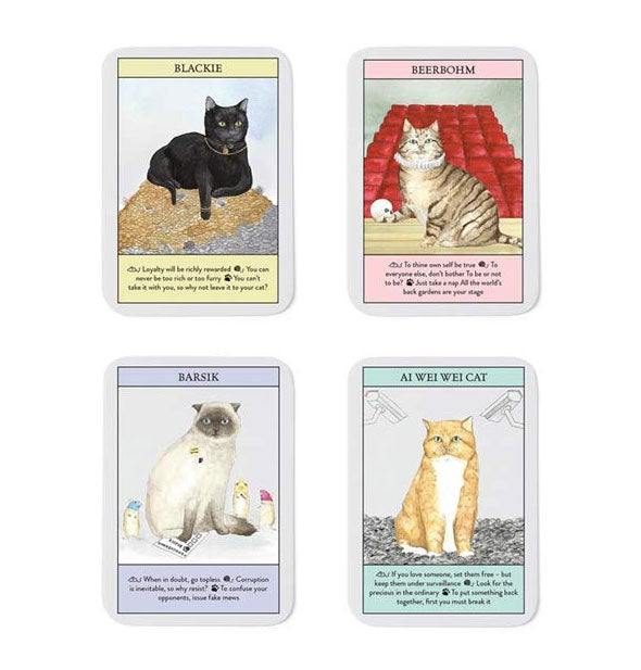 Sample cards from the Cat Gurus deck: Blackie, Beerbohm, Barsik, and Ai Wei Wei Cat
