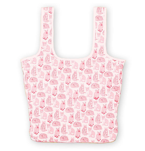 Large light pink tote bag with all-over pink cat illustrations