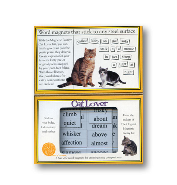 Inside of Cat Lover by Magnetic Poetry Kit shows some example word tiles