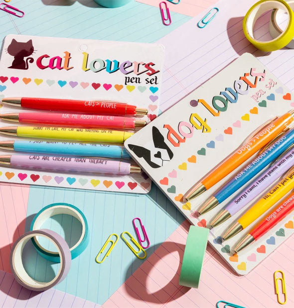 Cat Lovers and Dog lovers pen sets staged with colorful office supplies