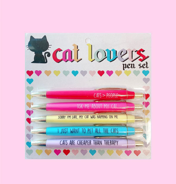 Set of five colorful Cat Lovers pens, each with a different, humorous phrase