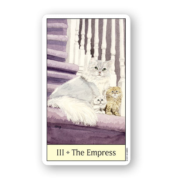The Empress Card from the Cat's Eye Tarot Deck features illustration of a fluffy white cat and two kittens on a staircase