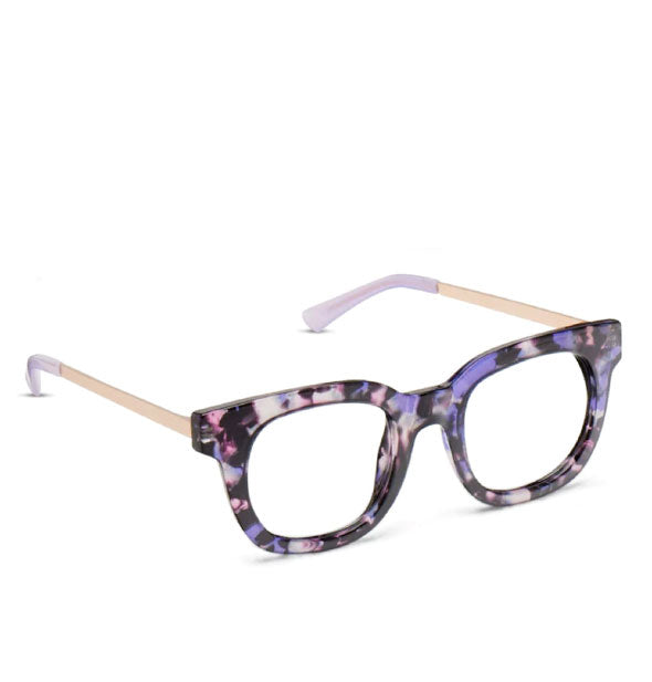 Three-quarter view of purple tortoise glasses frames with metal arms and purple temple tips