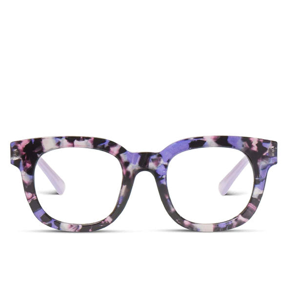 Front view of purple tortoise glasses frames