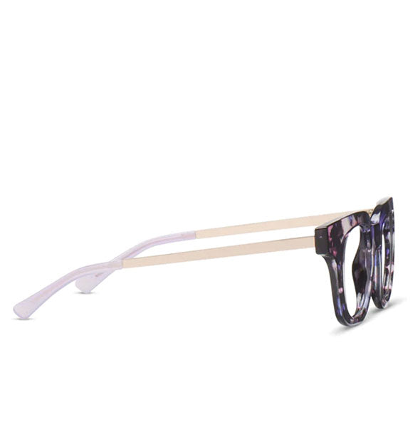 Side view of purple tortoise glasses frames with metal arms and purple temple tips