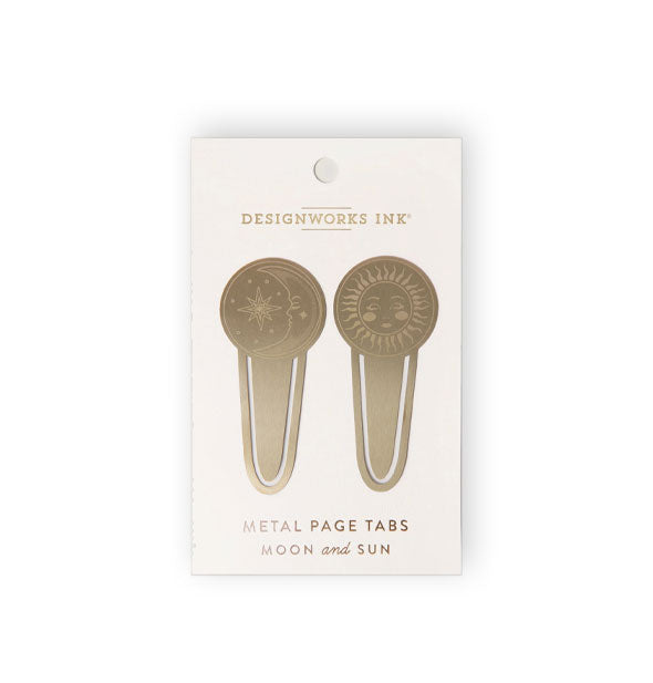 Gold metal page tabs featuring moon and sun designs on a white DesignWorks Ink product card