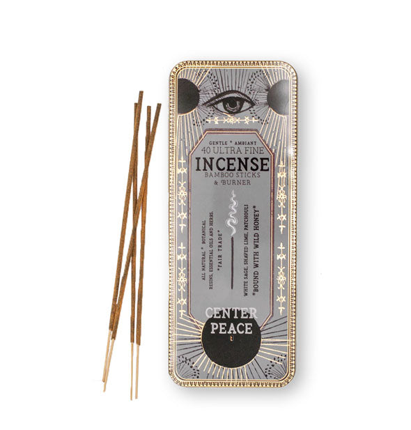 Rectangular tin of 40 Ultra Fine Incense Bamboo Sticks & Burner in Center Peace scent with some sticks removed