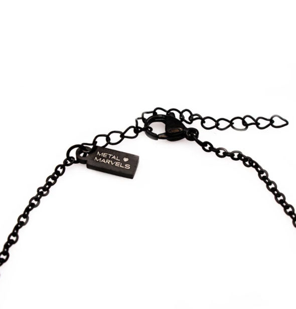 Black chain with clasp, extender, and engraved Metal Marvels logo tab