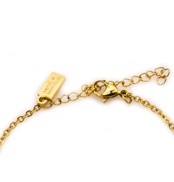 Gold chain with clasp, extender, and engraved Metal Marvels logo tab