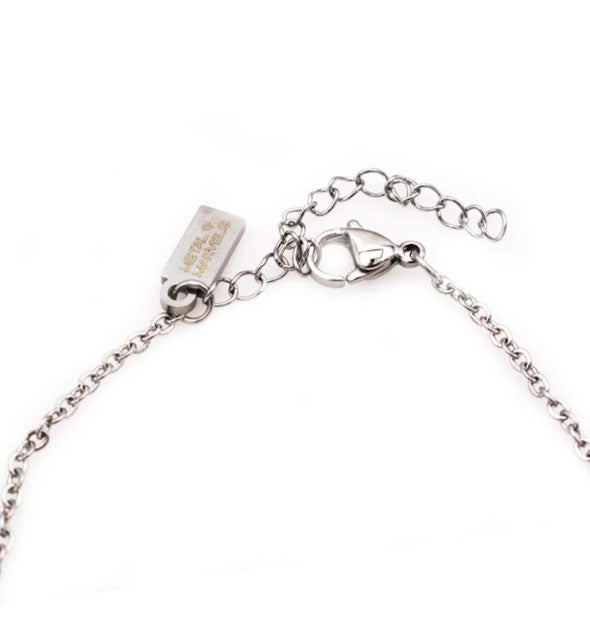 Silver chain with clasp, extender, and engraved Metal Marvels logo tab