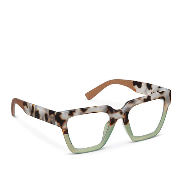 Square glasses frames with half green, half beige tortoise color blocked design and brown temple tips
