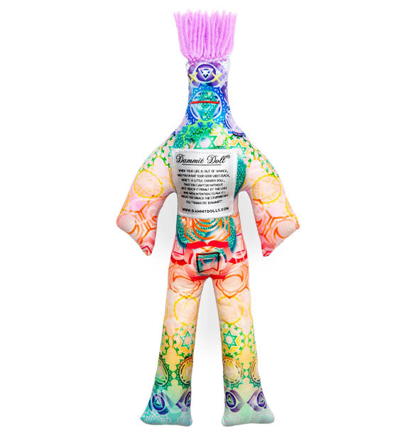 Stuffed Dammit Doll with purple yarn for hair, a colorful chakra-themed fabric pattern, and sewn-in label with poem