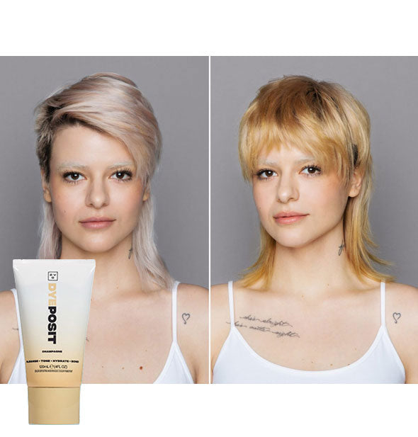 Model's hair before and after using Good Dye Young DYEposit in Champagne